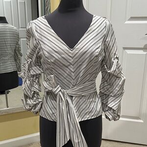 Elegant Striped V-Neck Blouse with Bow Accent
